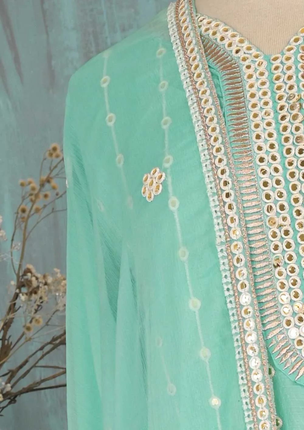 SEC-2D-SeaGreen - 3Pc Stitched Cotton Embroidered Dress