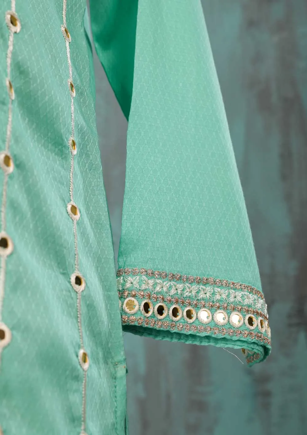 SEC-2D-SeaGreen - 3Pc Stitched Cotton Embroidered Dress