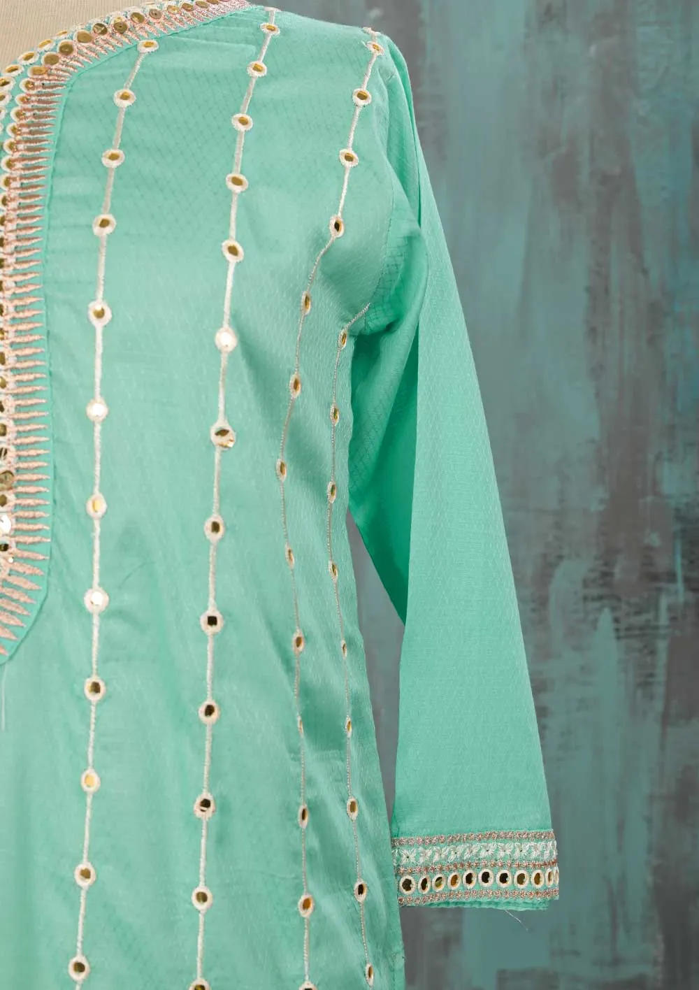 SEC-2D-SeaGreen - 3Pc Stitched Cotton Embroidered Dress