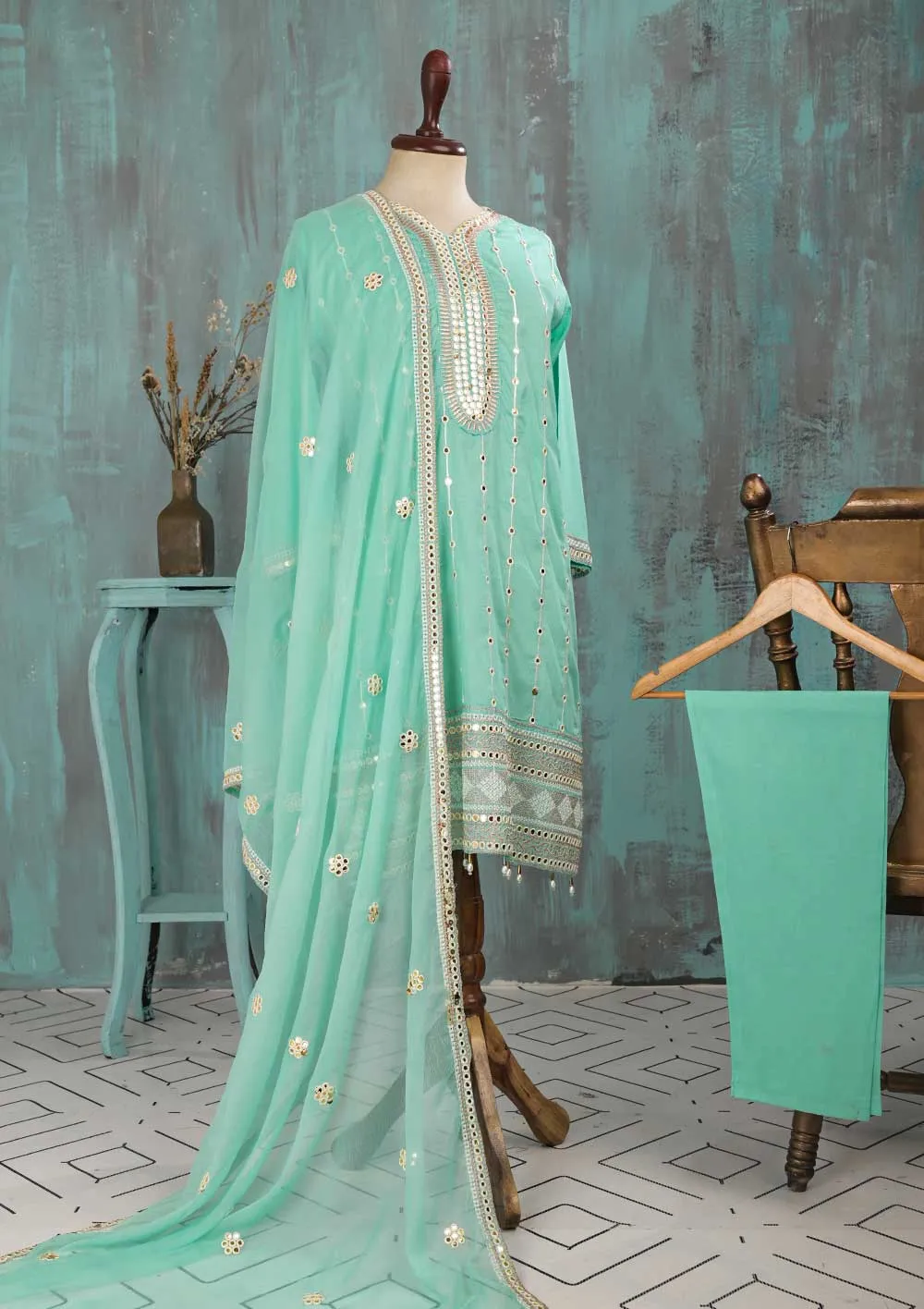 SEC-2D-SeaGreen - 3Pc Stitched Cotton Embroidered Dress