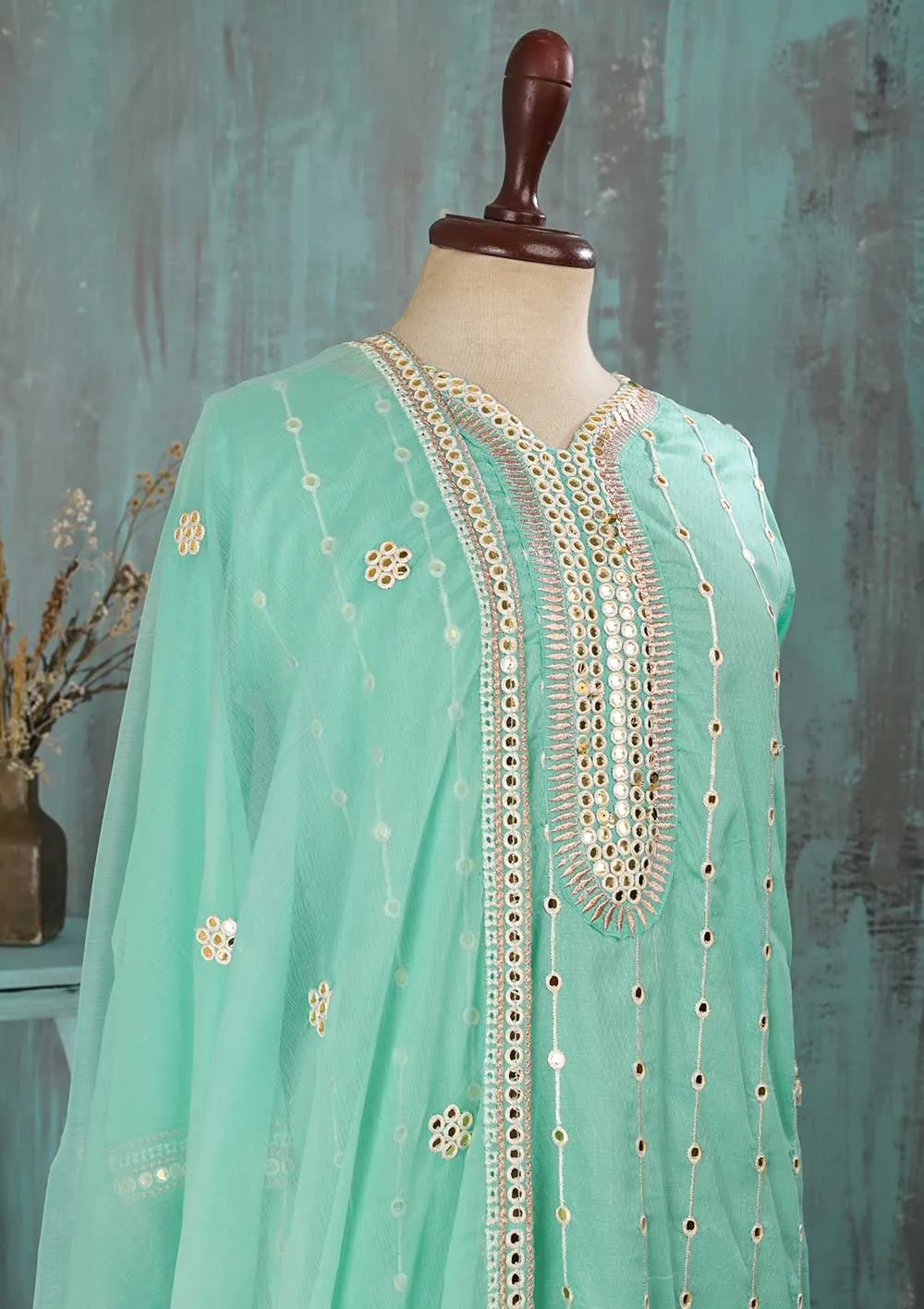 SEC-2D-SeaGreen - 3Pc Stitched Cotton Embroidered Dress