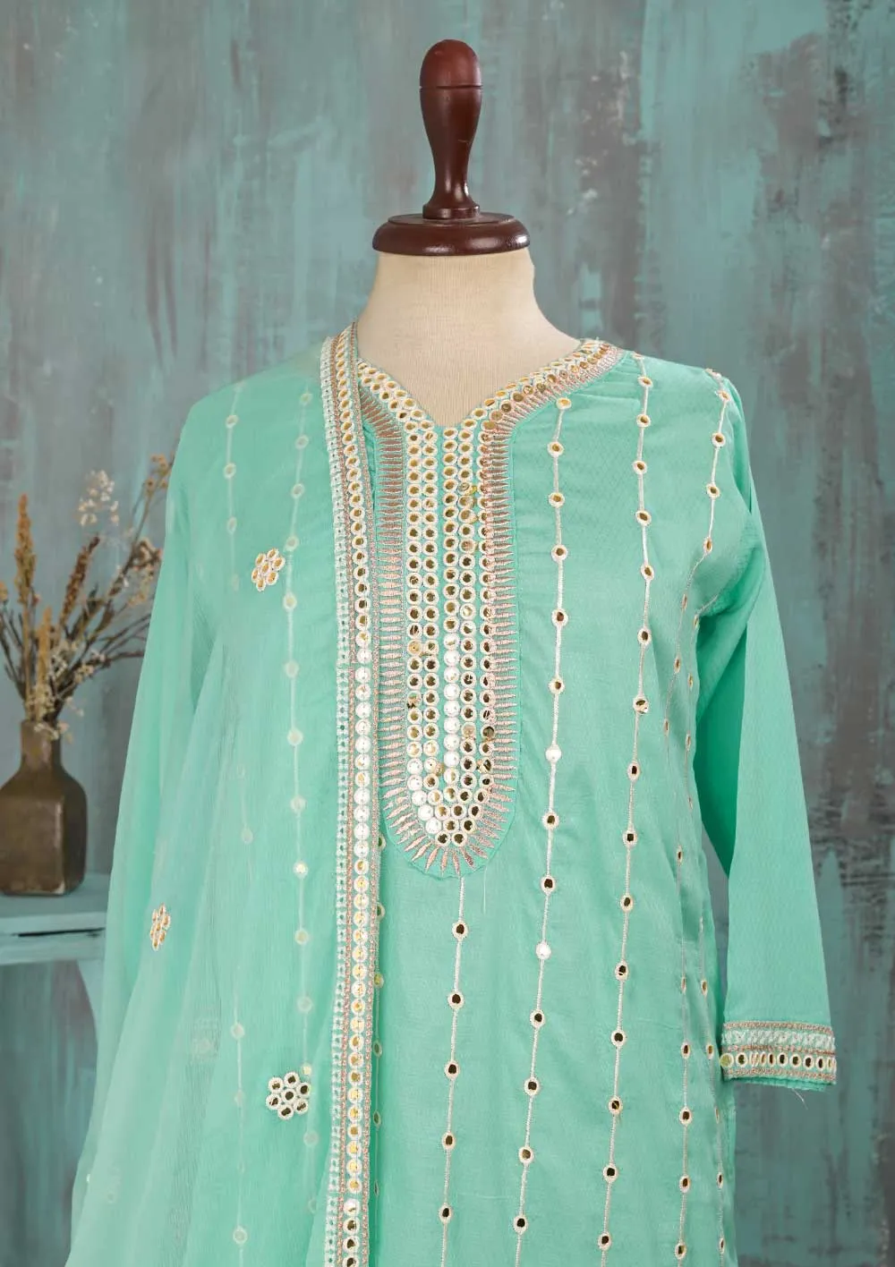 SEC-2D-SeaGreen - 3Pc Stitched Cotton Embroidered Dress