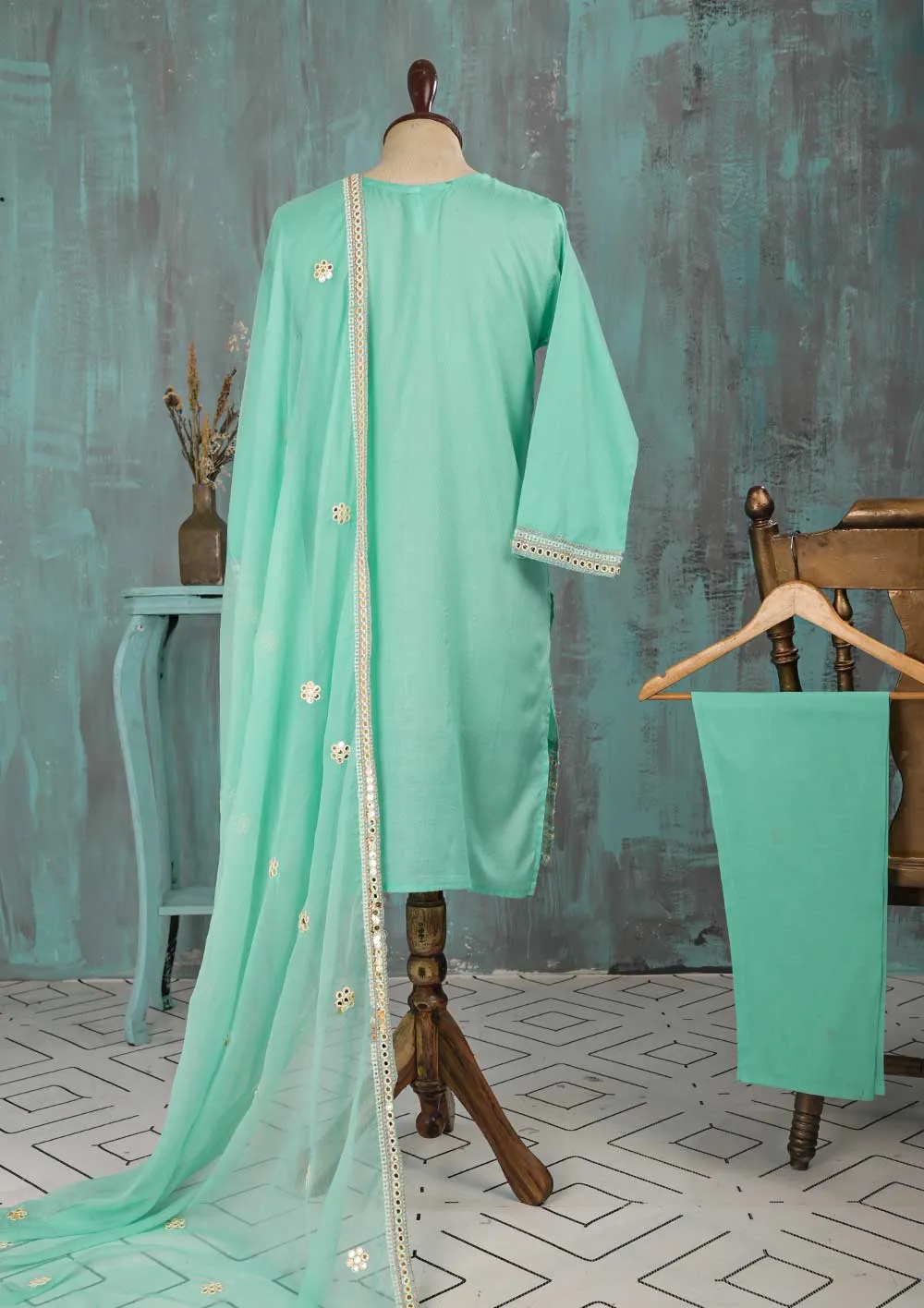 SEC-2D-SeaGreen - 3Pc Stitched Cotton Embroidered Dress
