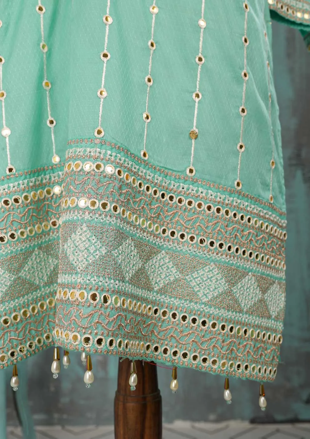 SEC-2D-SeaGreen - 3Pc Stitched Cotton Embroidered Dress