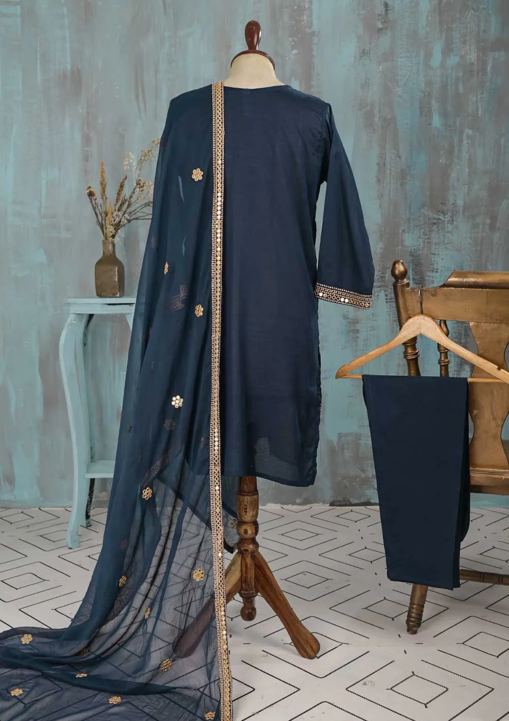 SEC-2E-NavyBlue - 3Pc Stitched Cotton Embroidered Dress