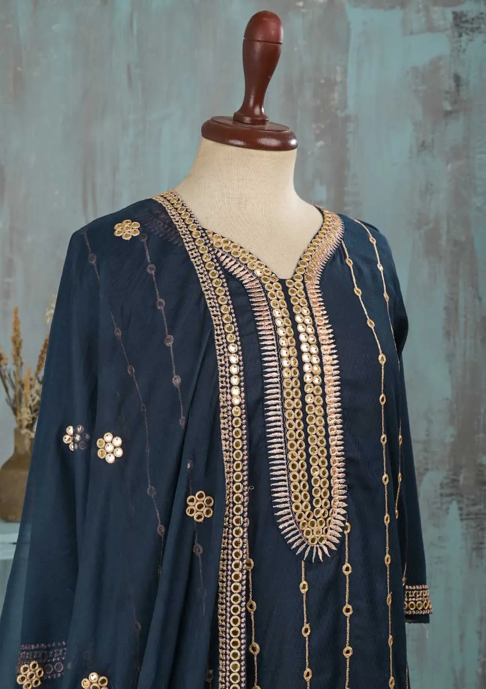 SEC-2E-NavyBlue - 3Pc Stitched Cotton Embroidered Dress