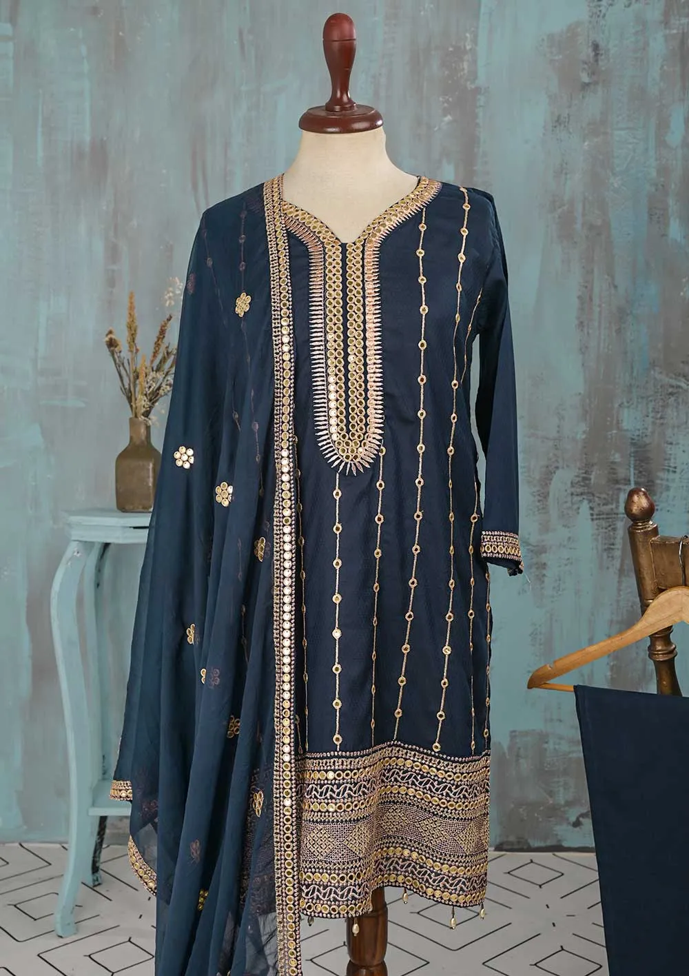 SEC-2E-NavyBlue - 3Pc Stitched Cotton Embroidered Dress