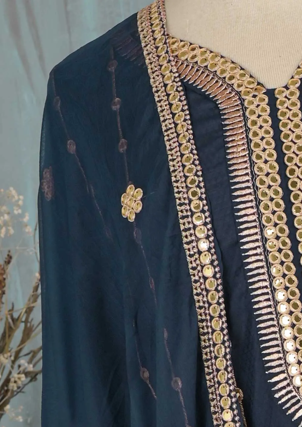 SEC-2E-NavyBlue - 3Pc Stitched Cotton Embroidered Dress