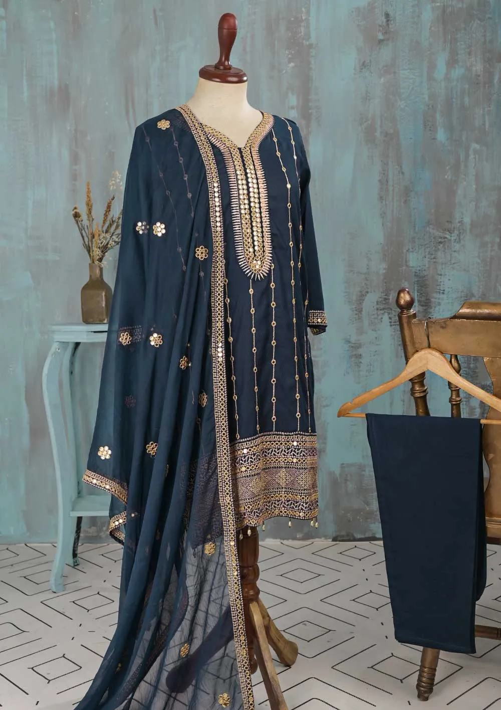 SEC-2E-NavyBlue - 3Pc Stitched Cotton Embroidered Dress