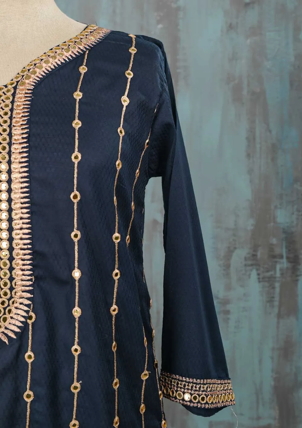 SEC-2E-NavyBlue - 3Pc Stitched Cotton Embroidered Dress
