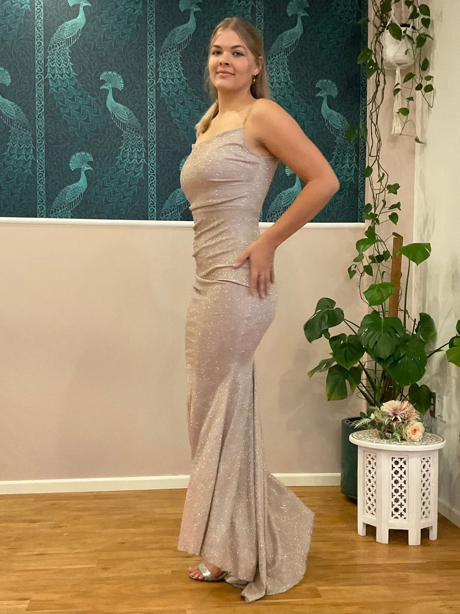 Selena sparkling ball gown in silver/red s12-14 Express NZ wide