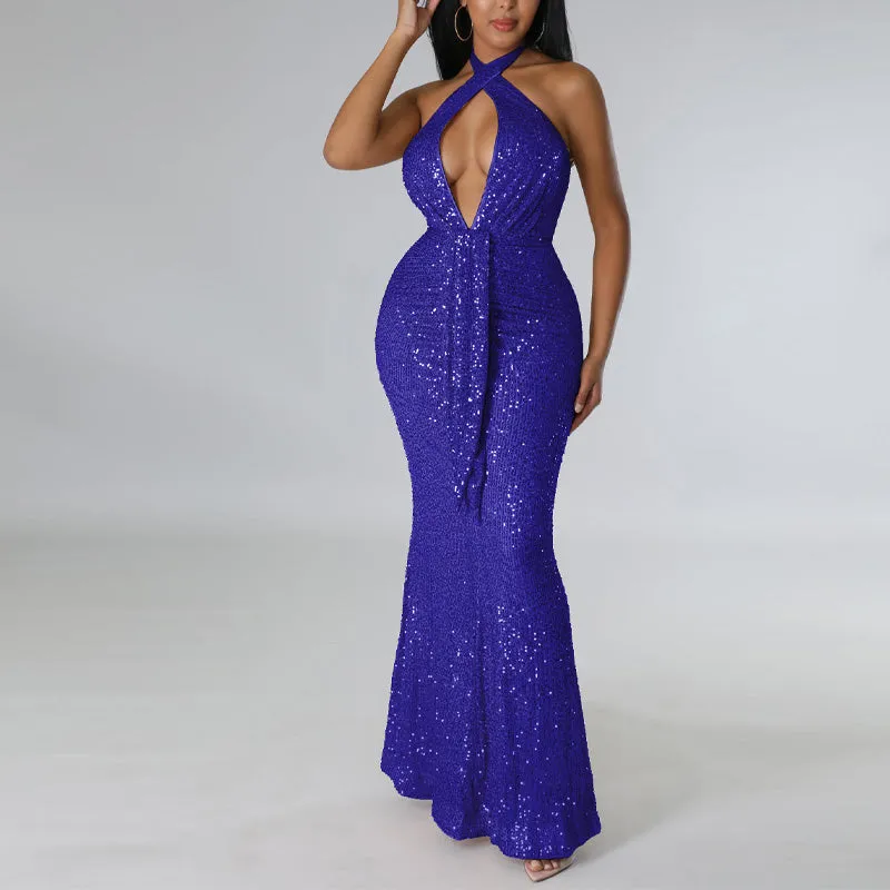 Sequins Halter Sleeveless Mermaid Evening Dress