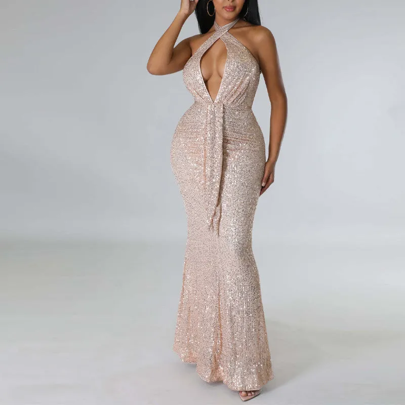 Sequins Halter Sleeveless Mermaid Evening Dress