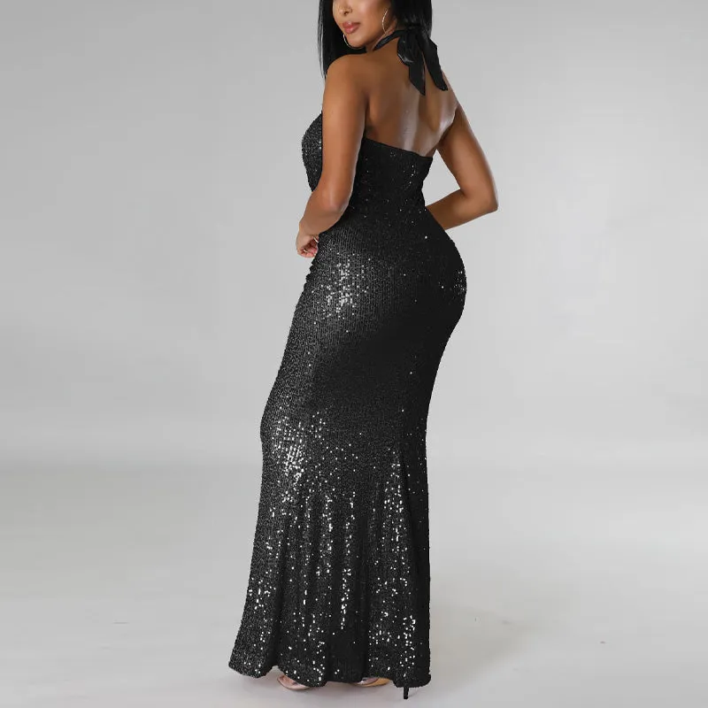 Sequins Halter Sleeveless Mermaid Evening Dress