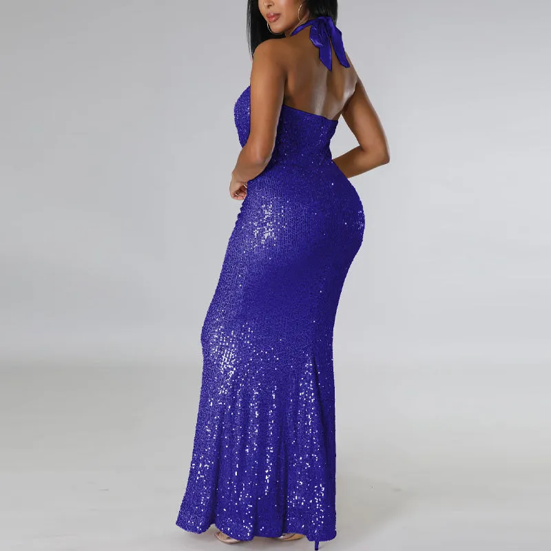 Sequins Halter Sleeveless Mermaid Evening Dress
