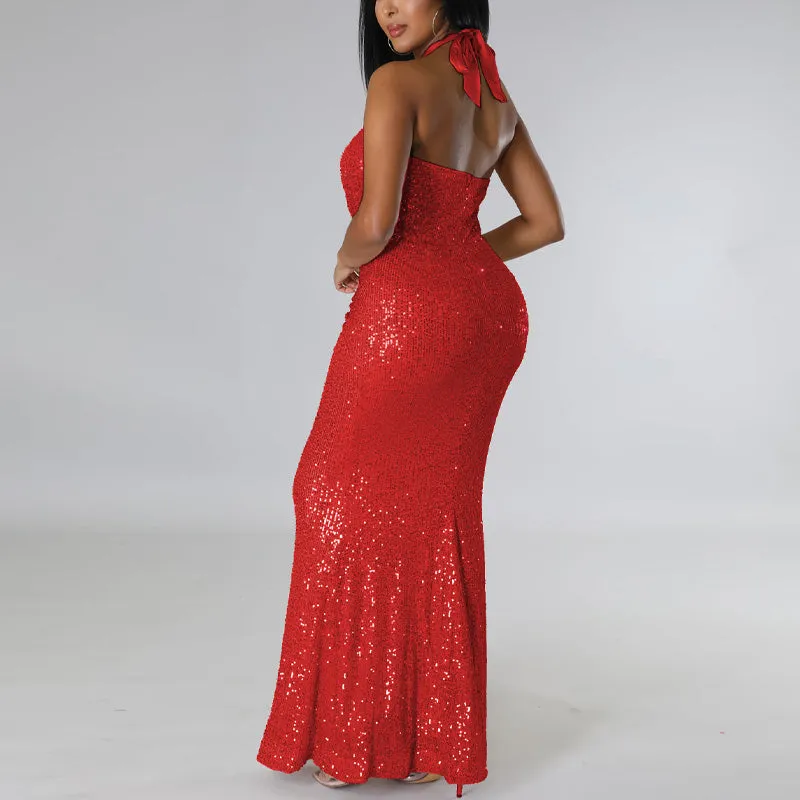 Sequins Halter Sleeveless Mermaid Evening Dress