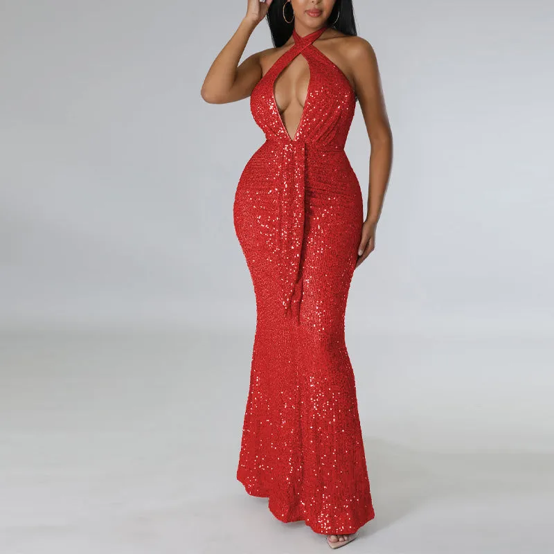 Sequins Halter Sleeveless Mermaid Evening Dress