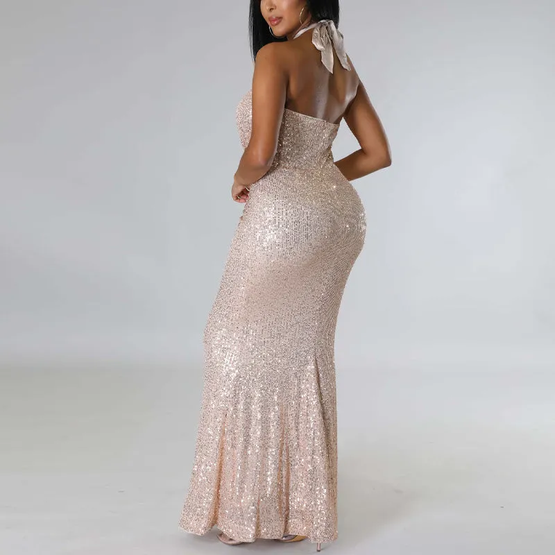 Sequins Halter Sleeveless Mermaid Evening Dress