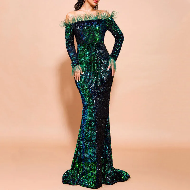 Sequins Off Shoulder Feather Design Floor-Length Evening Dress