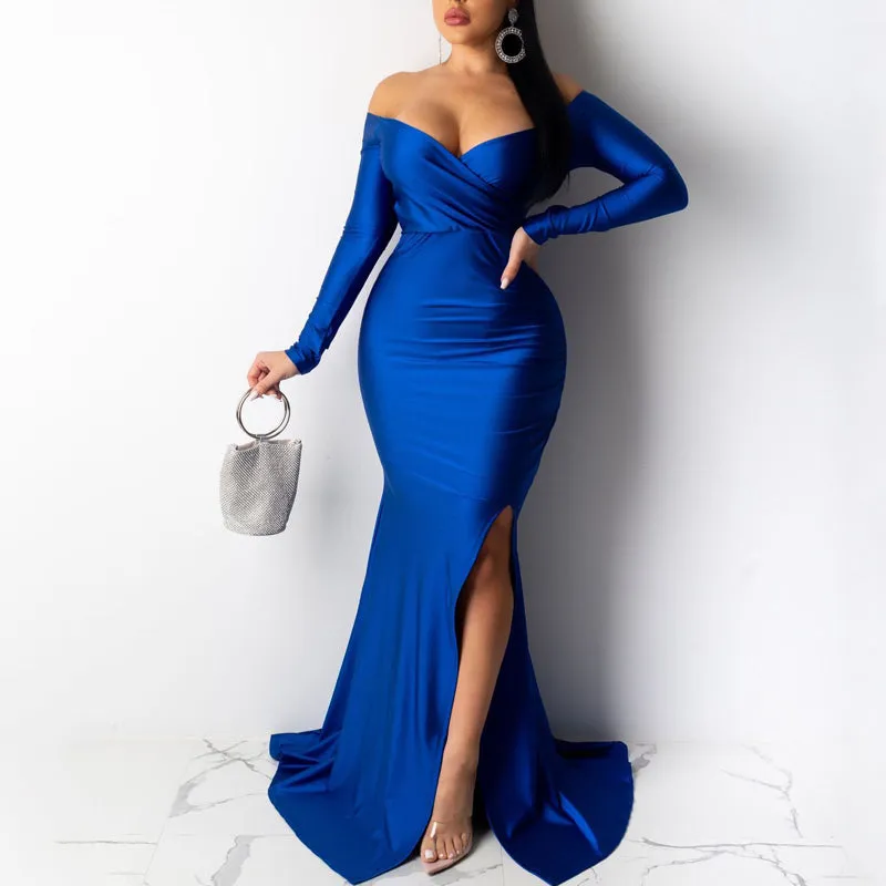 Sexy Off Shoulder V-Neck High Split Long Sleeve Maxi Party Evening Dress