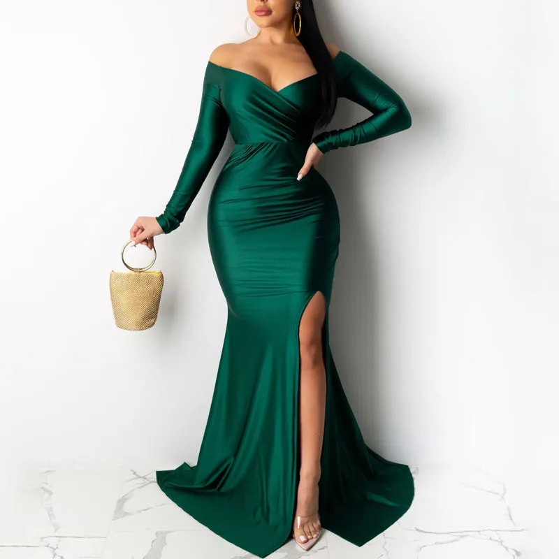 Sexy Off Shoulder V-Neck High Split Long Sleeve Maxi Party Evening Dress