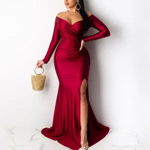 Sexy Off Shoulder V-Neck High Split Long Sleeve Maxi Party Evening Dress