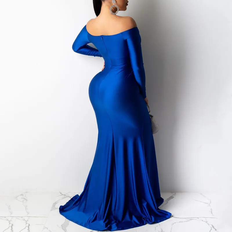 Sexy Off Shoulder V-Neck High Split Long Sleeve Maxi Party Evening Dress