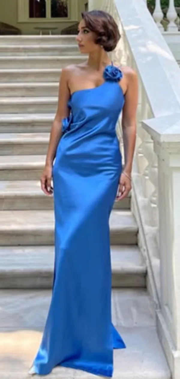 Sexy One-shoulder Sleeveless Mermaid Satin Evening Prom Dresses Online, OLP858