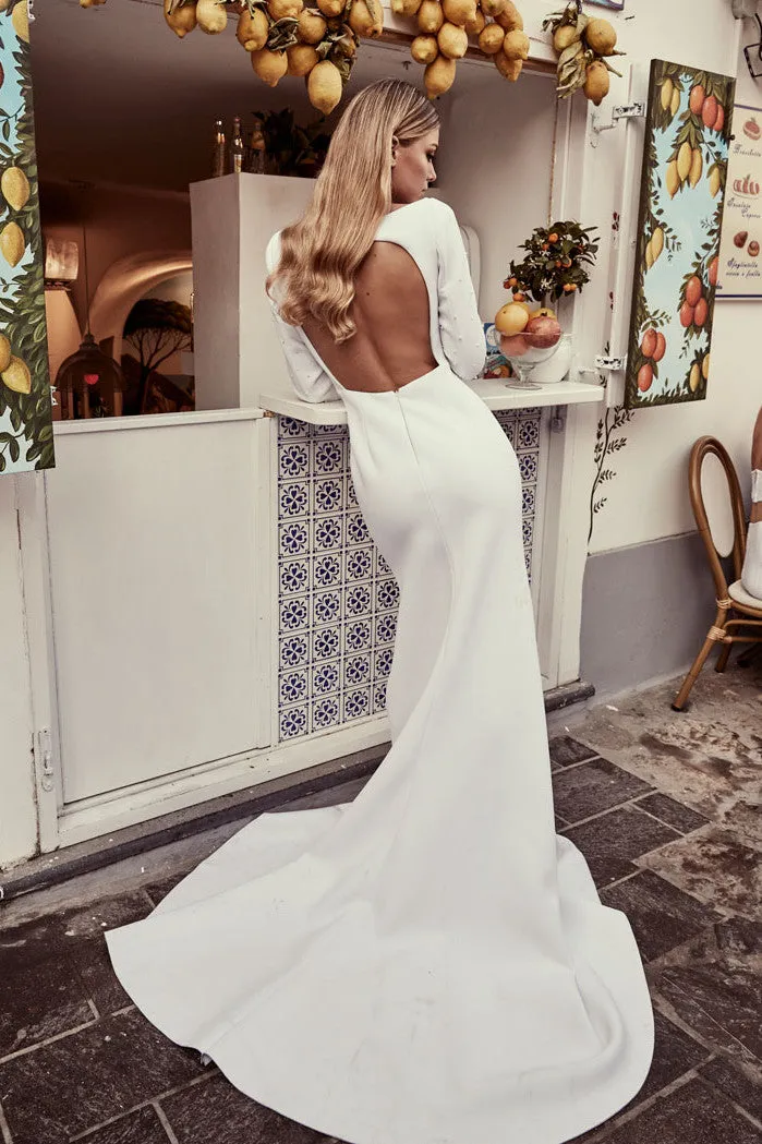 Sexy Satin Mermaid Long-Sleeve Front Split Wedding Dress with Beading-715746