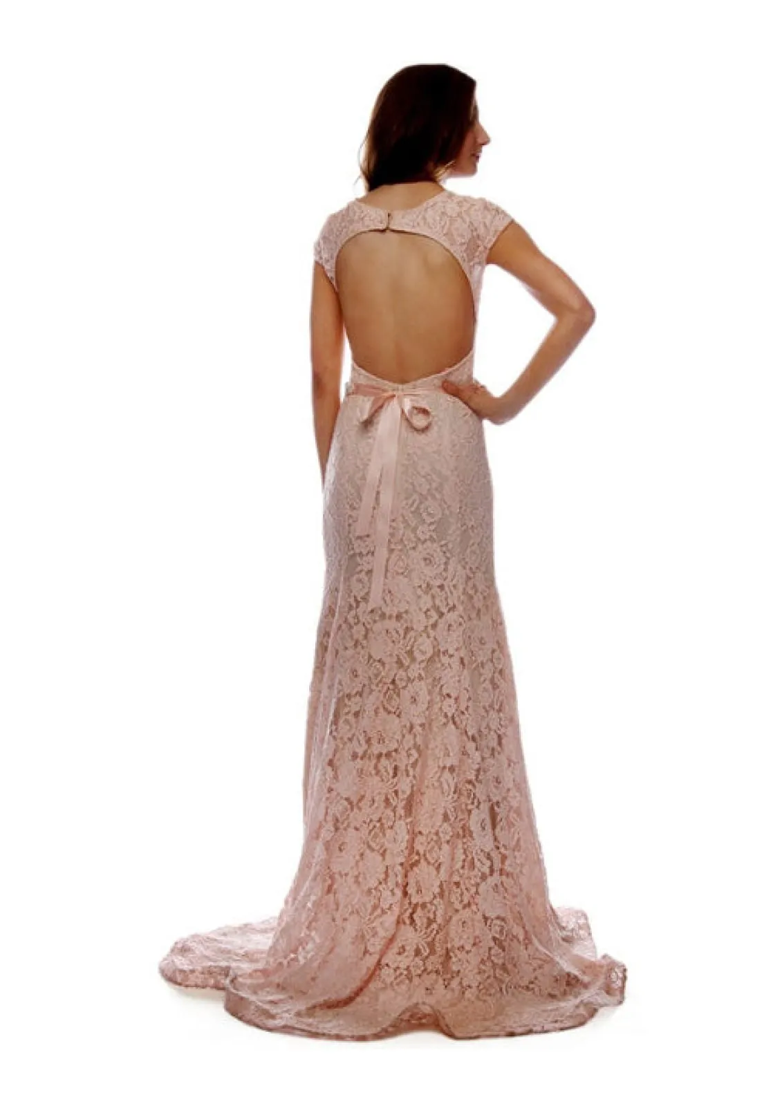 Sheath Pink Lace Keyhole Back Floor Length Sweep Train Column Gown Prom Dress, Sash