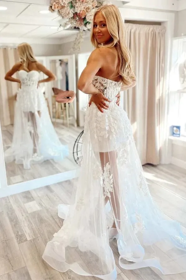 Sheer Lace Applique Prom Dresses Strapless Formal Gown         fg6666