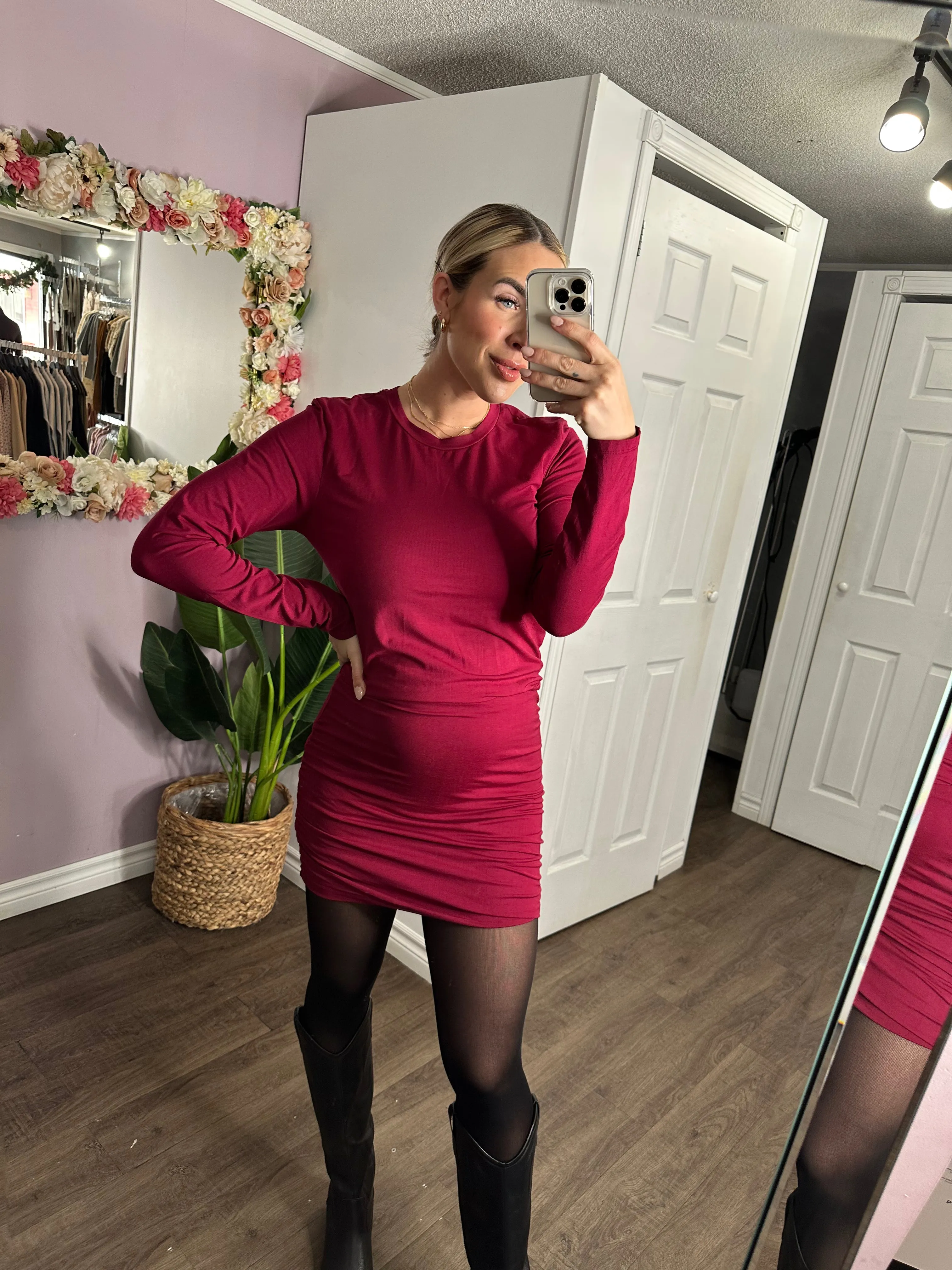 Shirred Crewneck Dress In Pinot