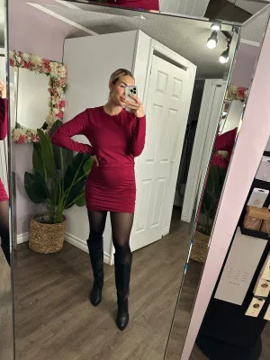 Shirred Crewneck Dress In Pinot