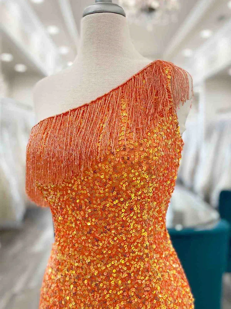 Short One Shoulder Tight Orange /Blue Prom Dresses, One Shoulder Short Sequins Formal Evening Homecoming Dresses