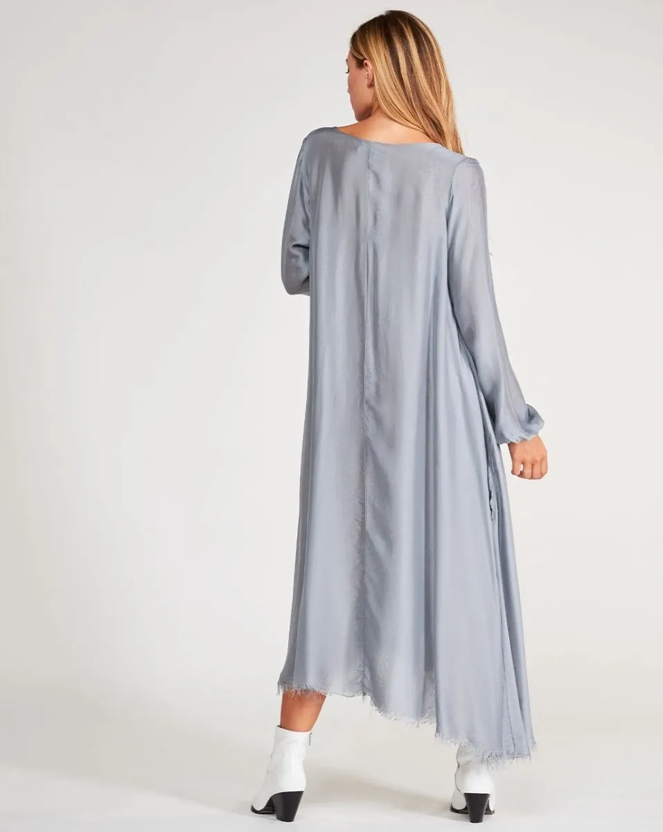 Silk Blend Deep V-Neck Raw Hem Maxi Dress
