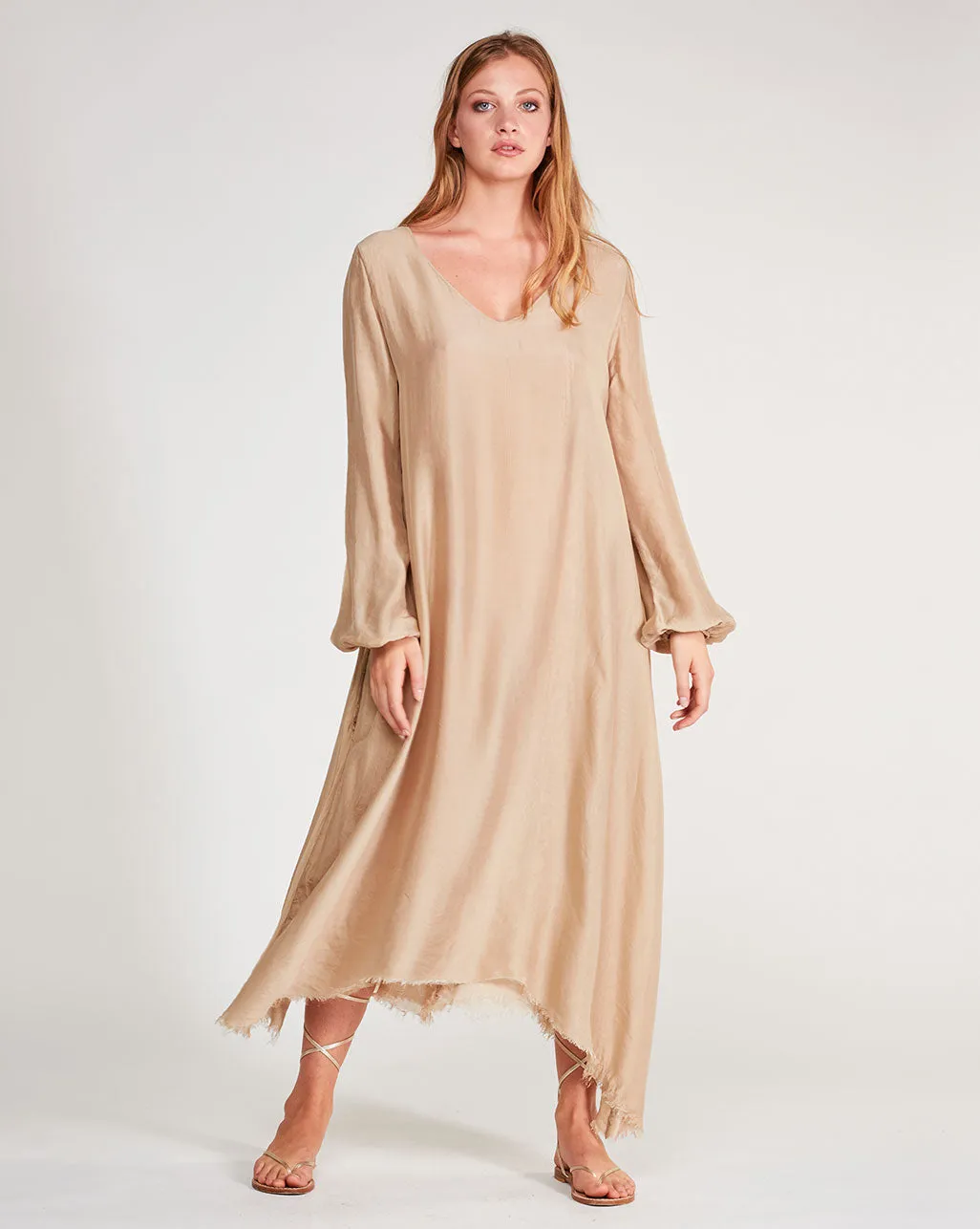 Silk Blend Deep V-Neck Raw Hem Maxi Dress