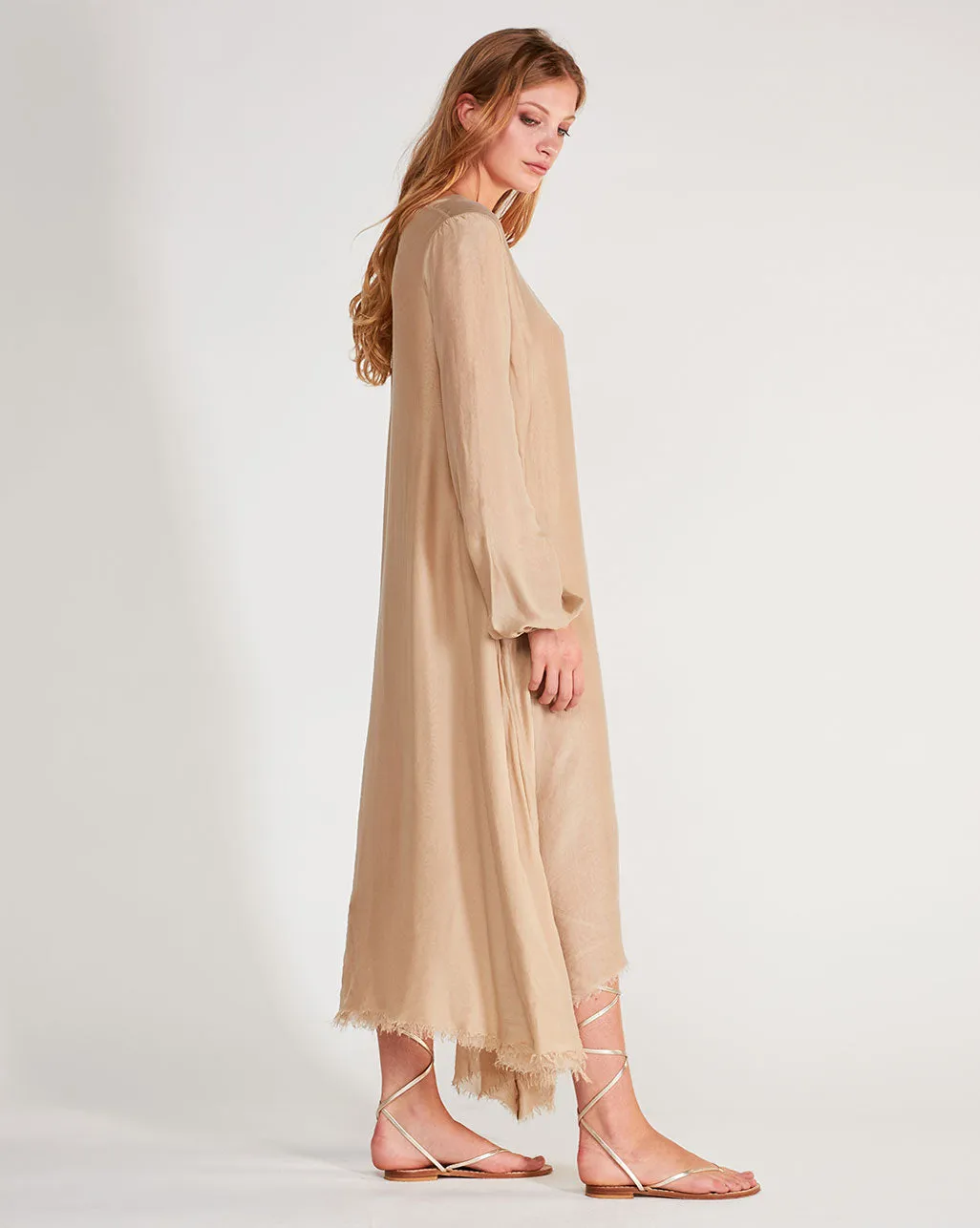 Silk Blend Deep V-Neck Raw Hem Maxi Dress