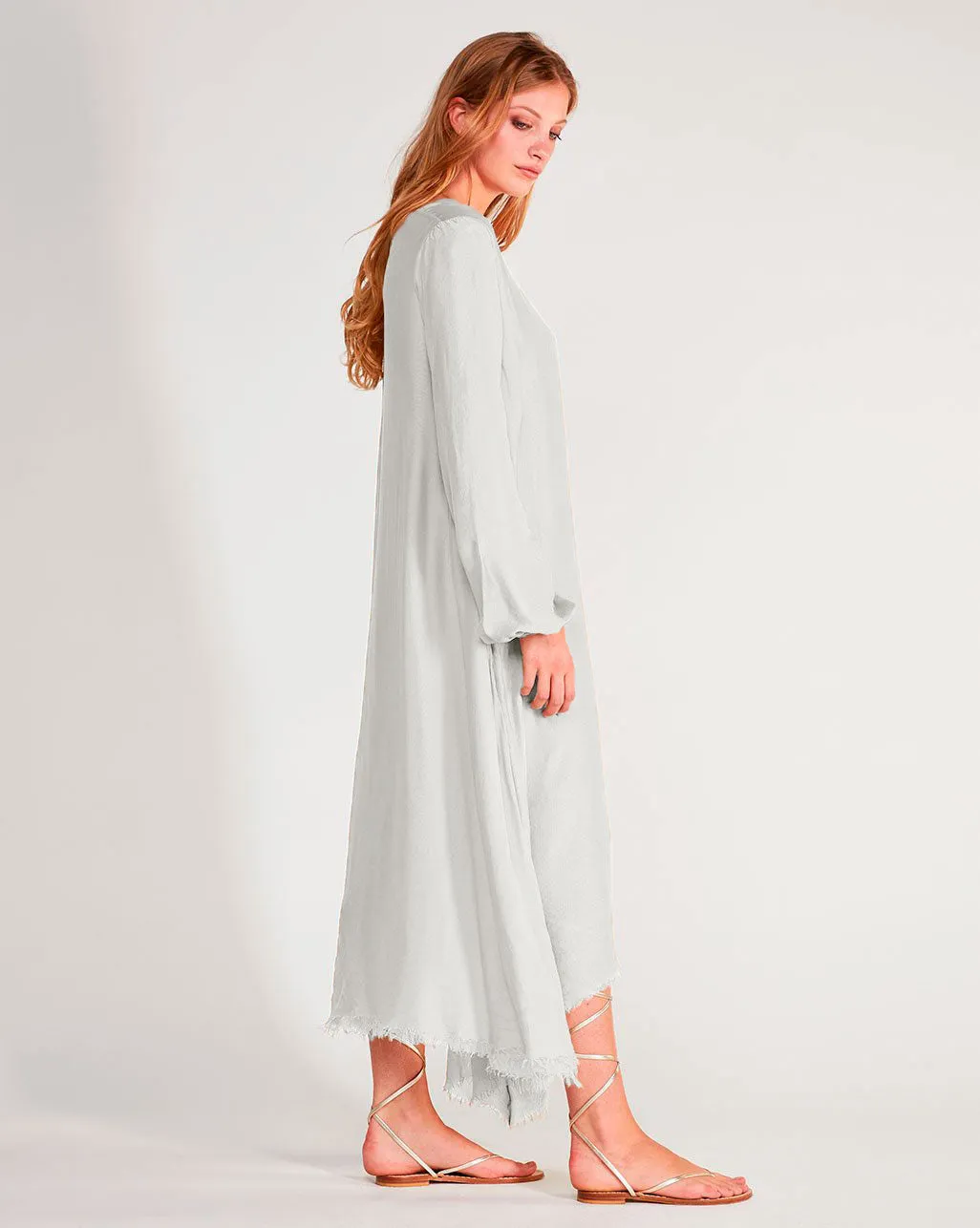 Silk Blend Deep V-Neck Raw Hem Maxi Dress