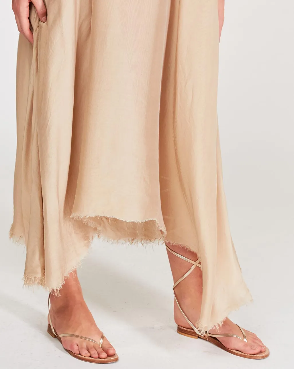 Silk Blend Deep V-Neck Raw Hem Maxi Dress