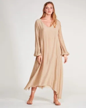 Silk Blend Deep V-Neck Raw Hem Maxi Dress