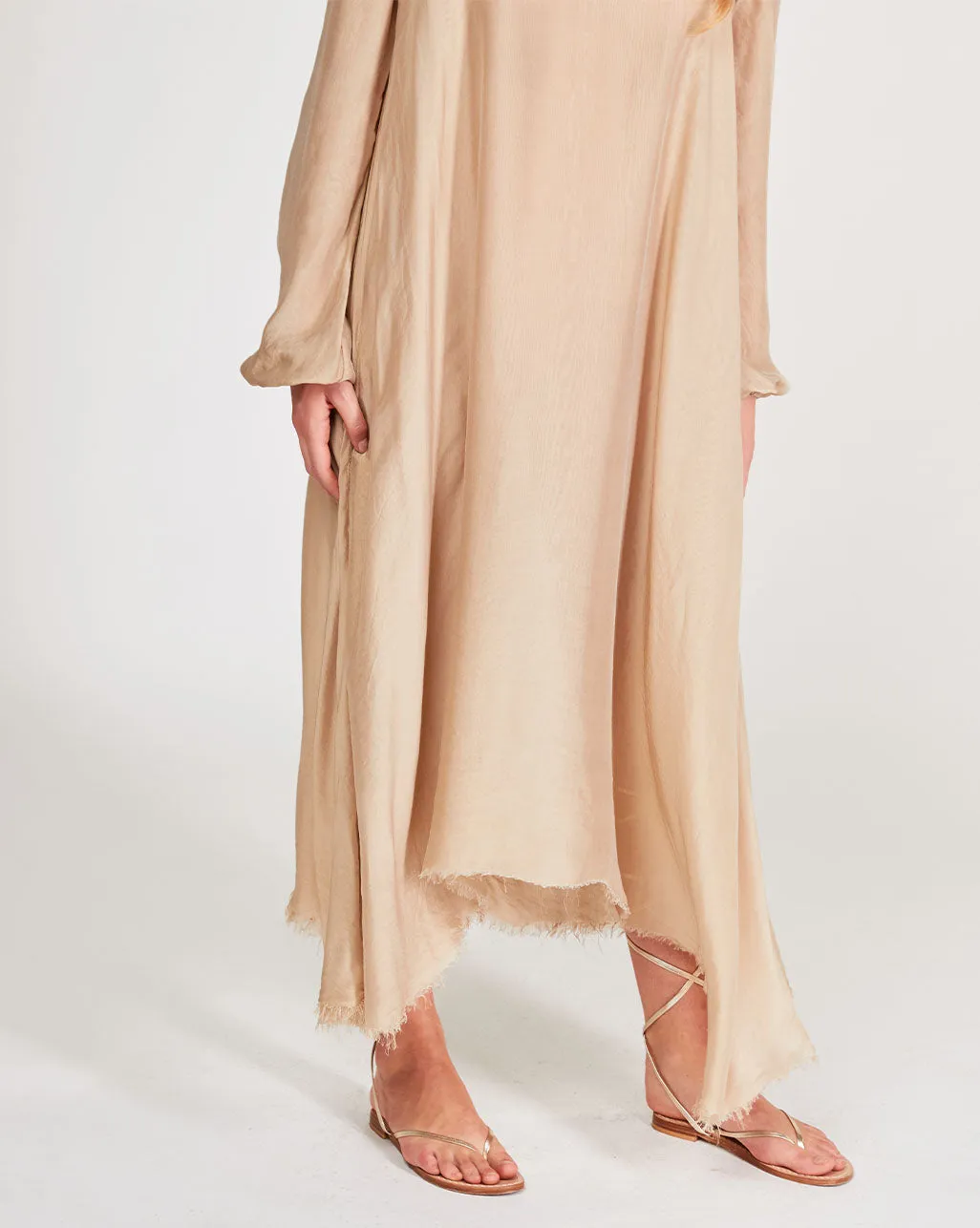 Silk Blend Deep V-Neck Raw Hem Maxi Dress