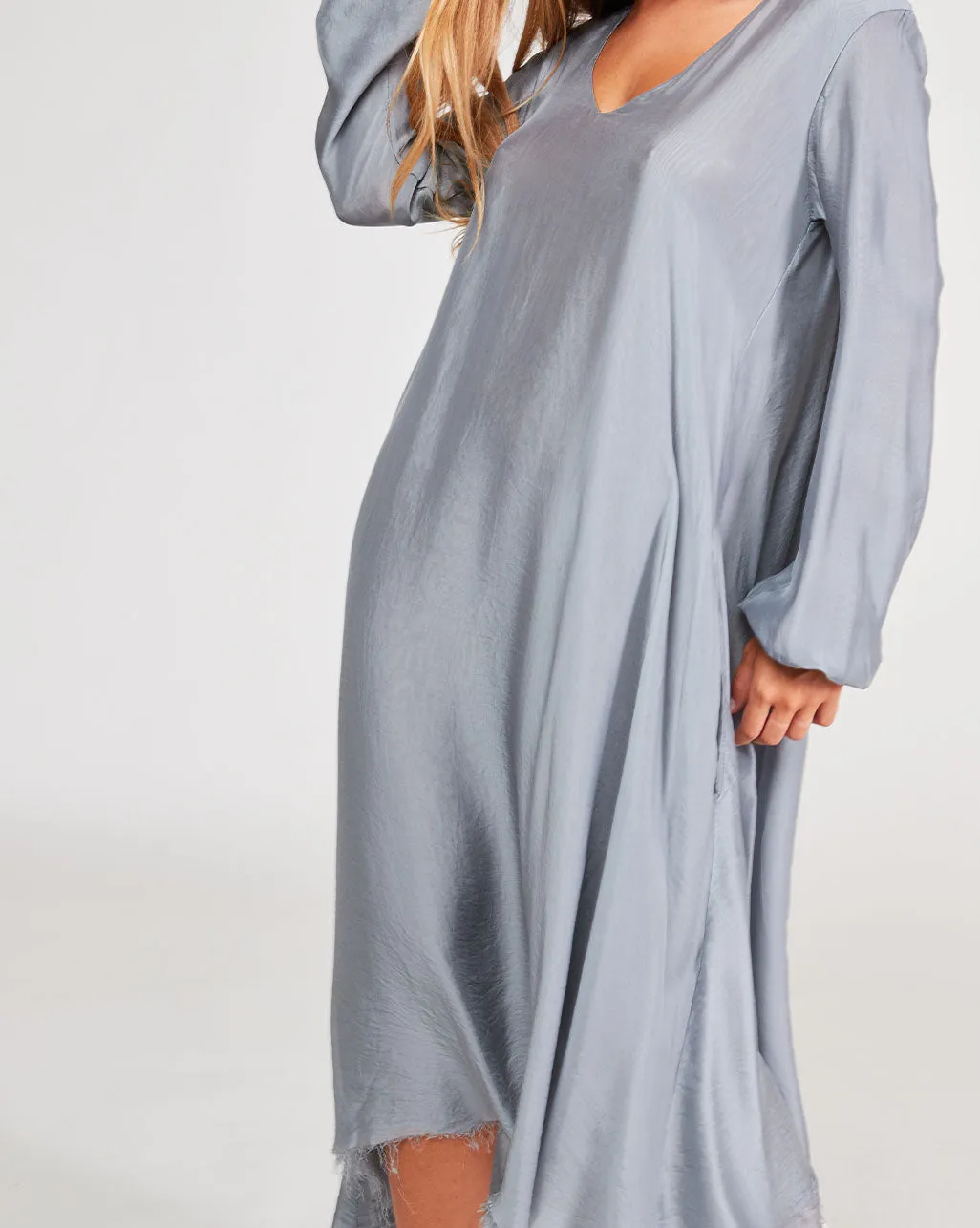 Silk Blend Deep V-Neck Raw Hem Maxi Dress