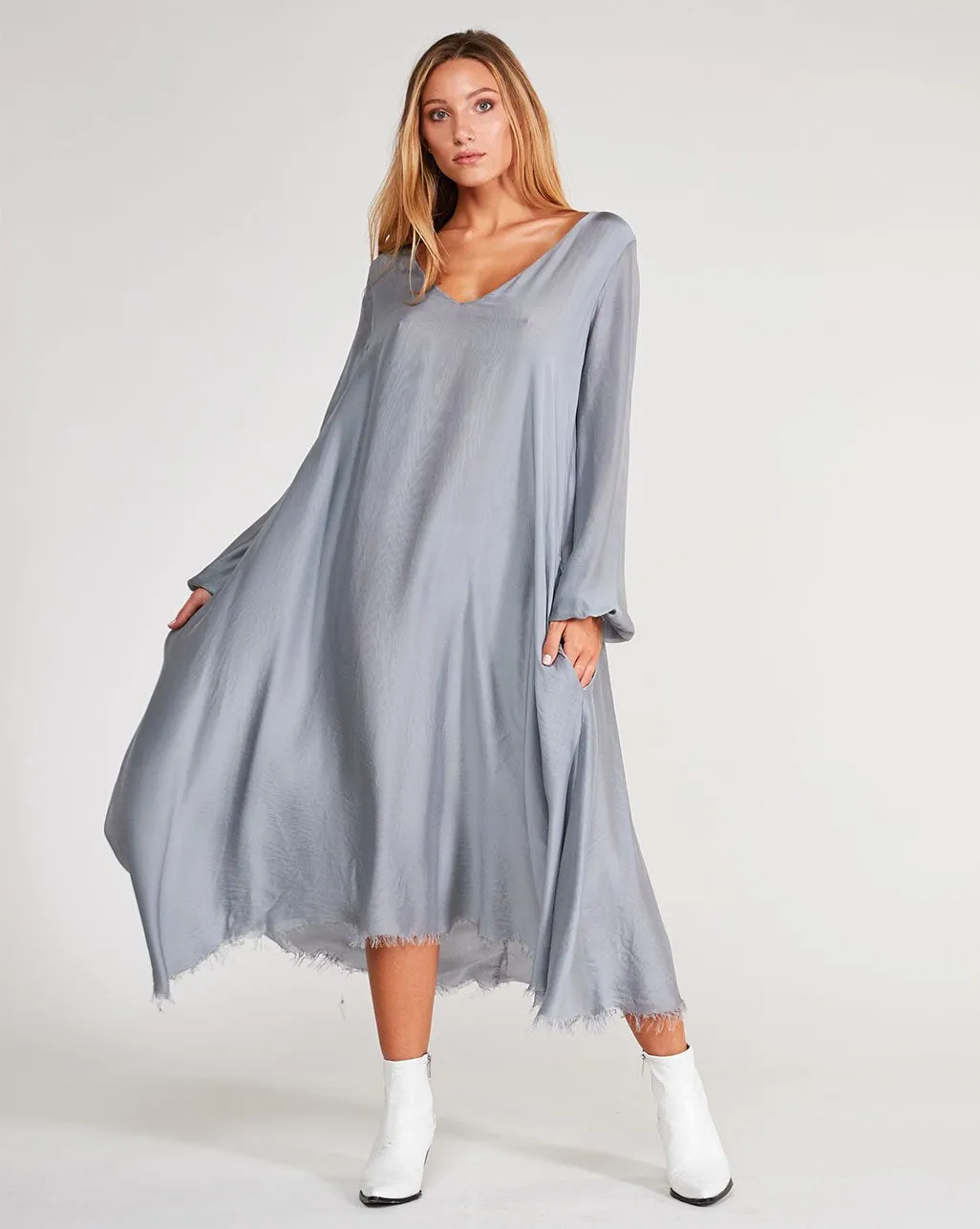 Silk Blend Deep V-Neck Raw Hem Maxi Dress