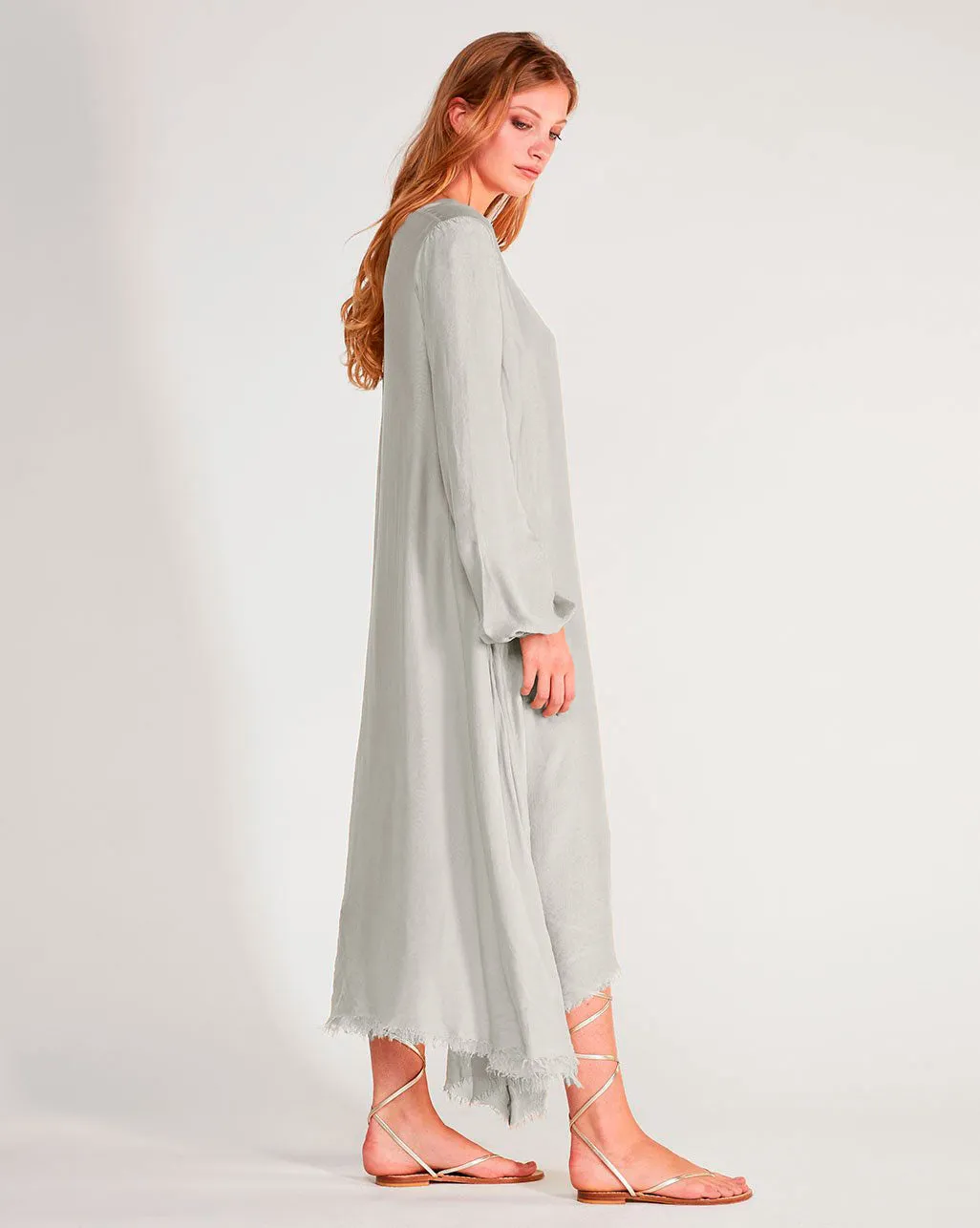 Silk Blend Deep V-Neck Raw Hem Maxi Dress