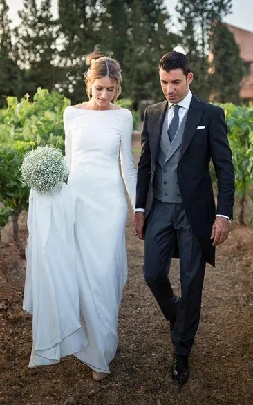 Simple Chiffon Sheath Bateau-neck Deep-V Back Bridal Gown with Chapel Train