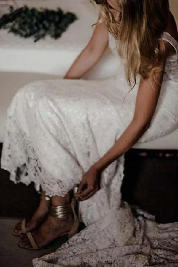 Simple Ivory Lace Country Wedding Dresses V-Neck Mermaid Wedding Dress,MW296