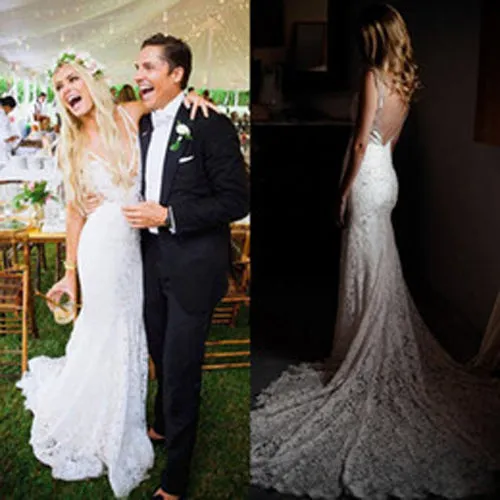 Simple Ivory Lace Country Wedding Dresses V-Neck Mermaid Wedding Dress,MW296