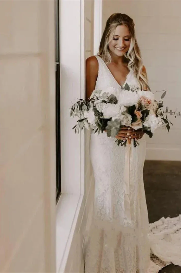 Simple Lace Sleeveless Deep-V Back Bridal Gown with Sweep Train