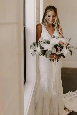 Simple Lace Sleeveless Deep-V Back Bridal Gown with Sweep Train