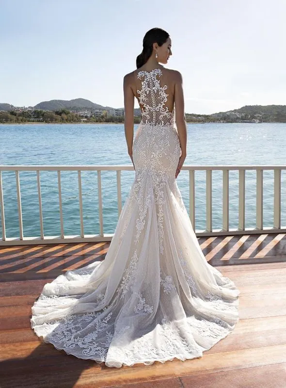 Size 6 Cosmobella 8035 Ivory/Sheer/Nude/Natural Gown